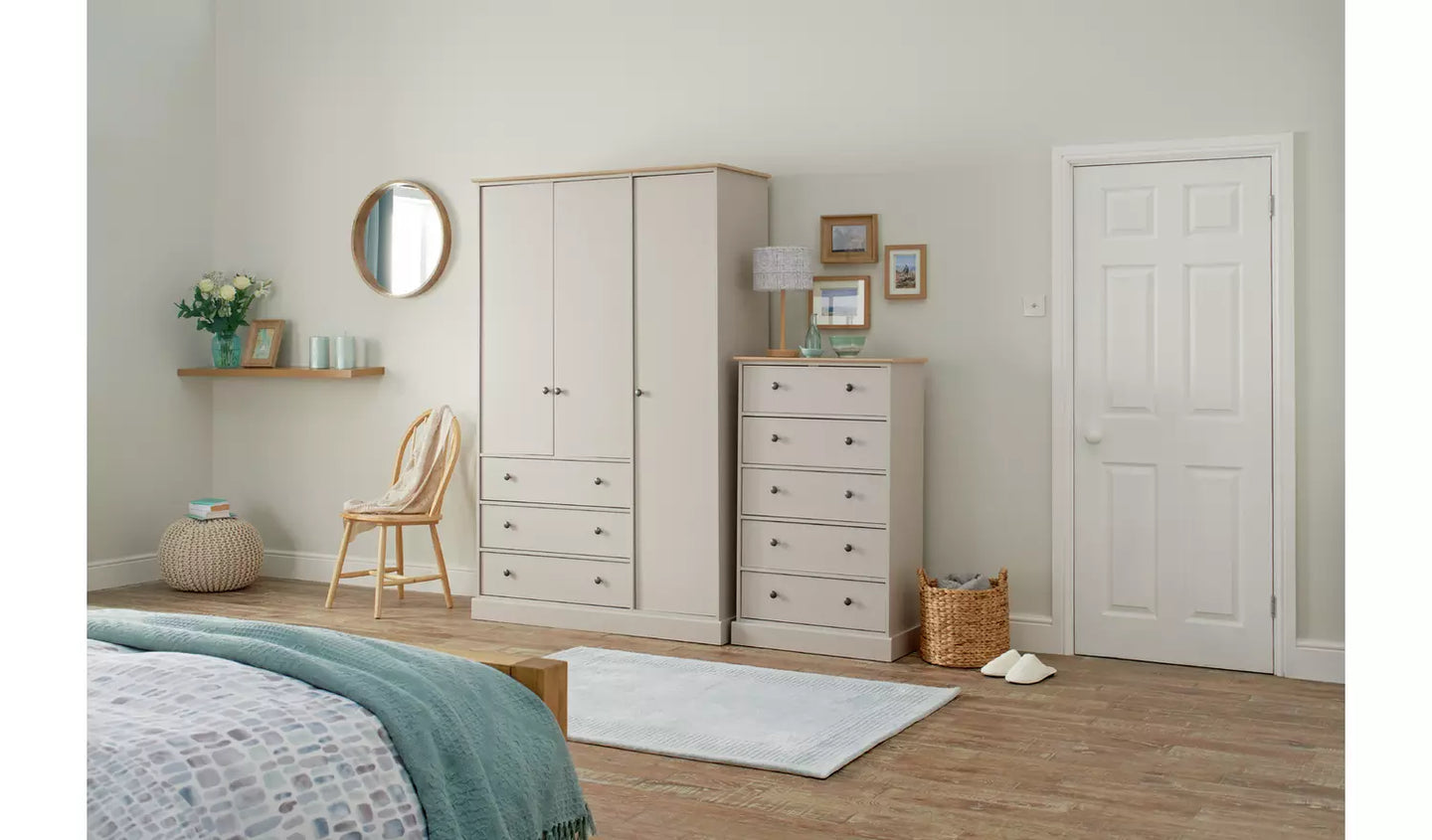 Kensington 3 Door 3 Drawer Wardrobe - Soft Grey /Oak Effect